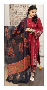 3 Piece - Dhanak Embroidered Suit With Printed Shawl MB-9911