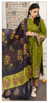 3 Piece - Dhanak Embroidered Suit With Printed Shawl GW-0022
