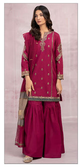 3 Piece - Dhanak Embroidered Suit With Printed Shawl HK-0083