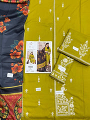 3 Piece - Dhanak Embroidered Suit With Printed Shawl GW-0022