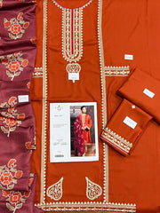 3 Piece - Dhanak Embroidered Suit With Printed Shawl KM-7020