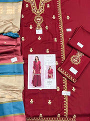 3 Piece - Dhanak Embroidered Suit With Printed Shawl HK-0083