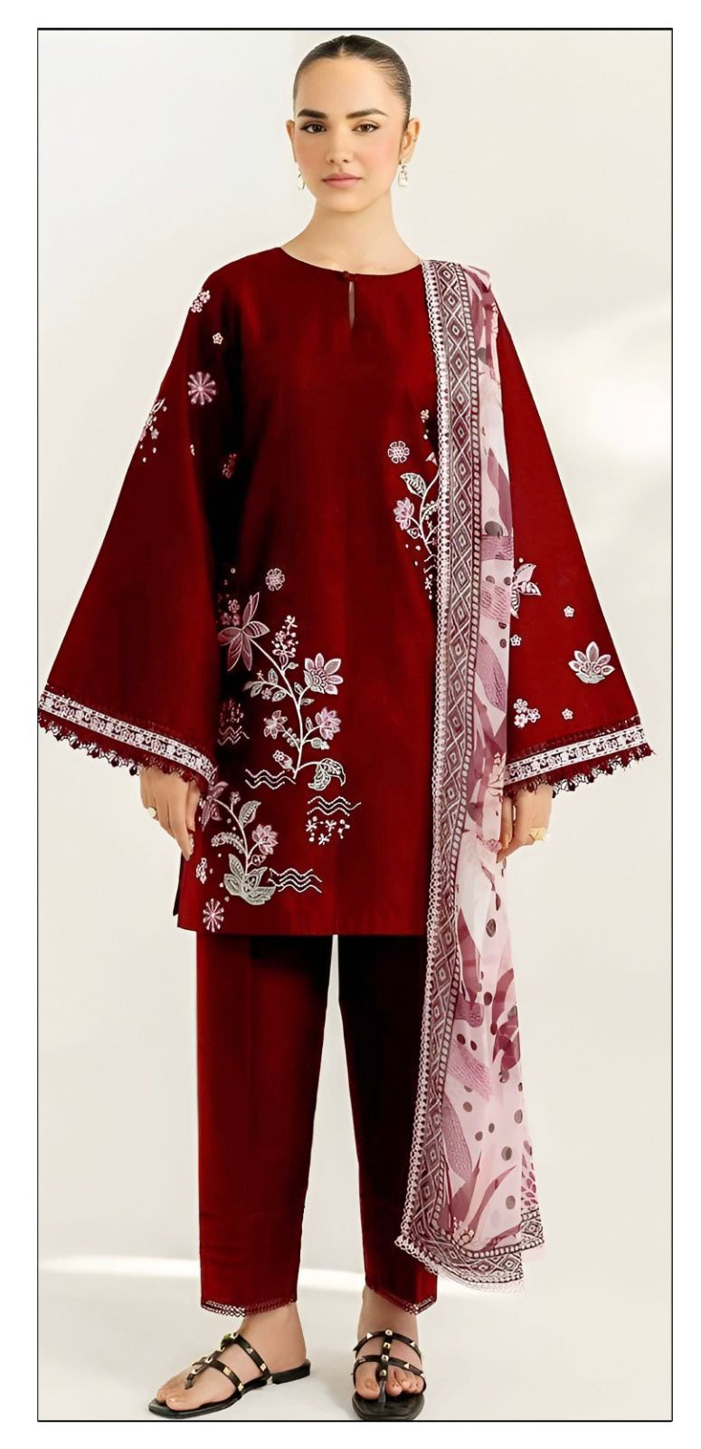 3 Piece - Dhanak Embroidered Suit With Printed Shawl FT-2345