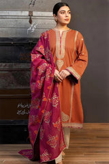 3 Piece - Dhanak Embroidered Suit With Printed Shawl KM-7020