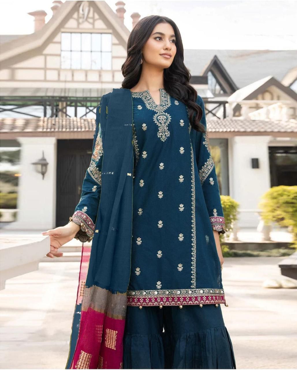 3 Piece - Dhanak Embroidered Suit With Printed Shawl VR-0980