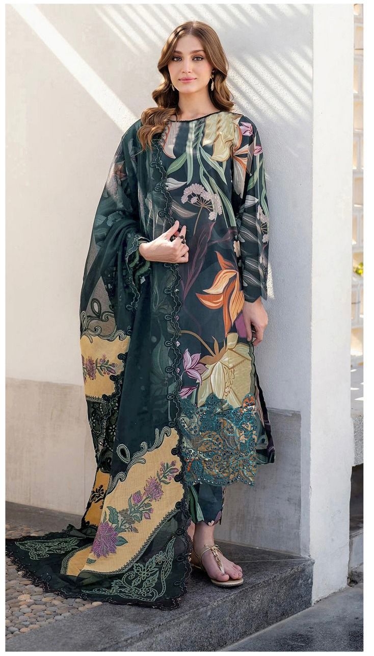 BAROQUE DAMAN APLIC WORK PRINTED-EMBROIDERED LINEN UNSTICHED 3PC - D256A