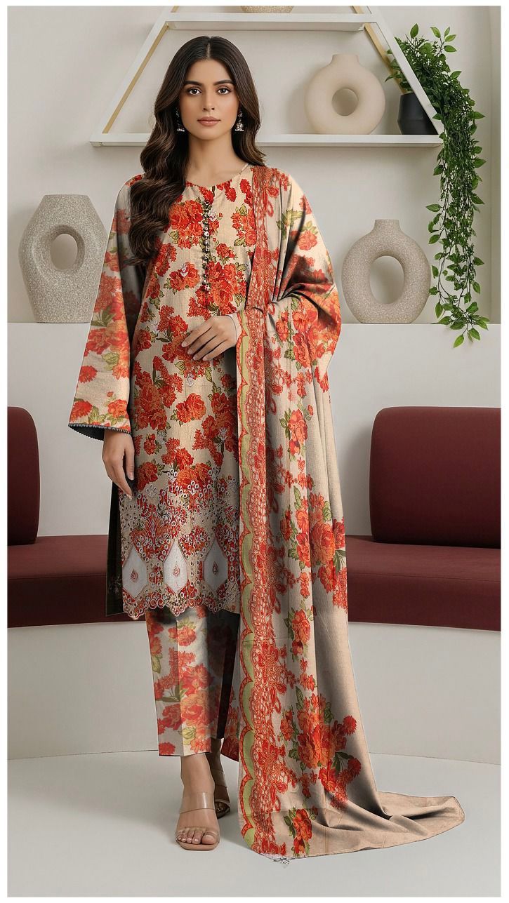 MARIA. B DAMAN APLIC WORK PRINTED-EMBROIDERED LINEN UNSTICHED 3PC - 198A
