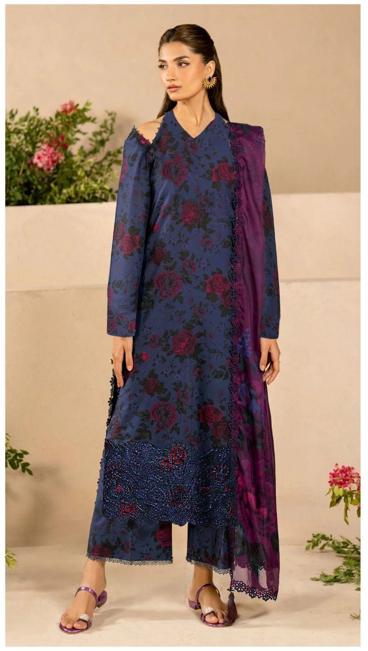 IZNIK DAMAN APLIC WORK PRINTED-EMBROIDERED LINEN UNSTICHED 3PC - 181A