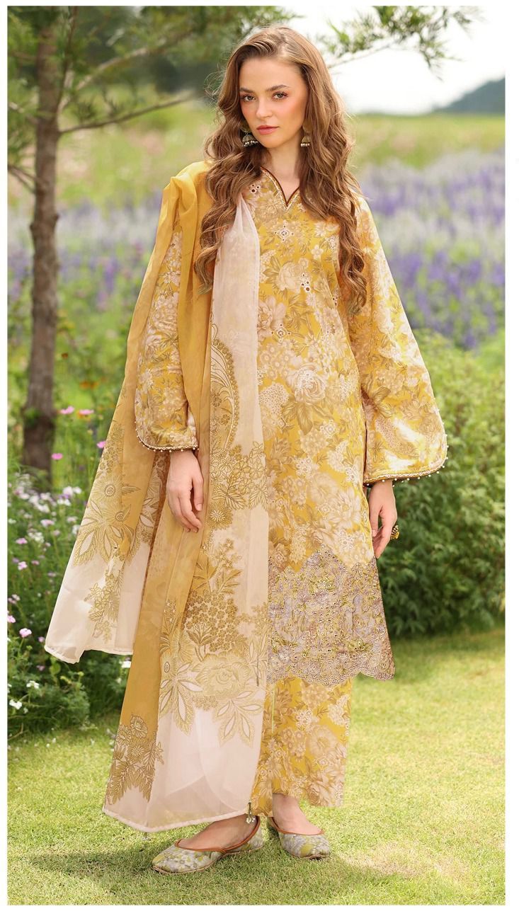 IZNIK DAMAN APLIC WORK PRINTED-EMBROIDERED LINEN UNSTICHED 3PC - D206A