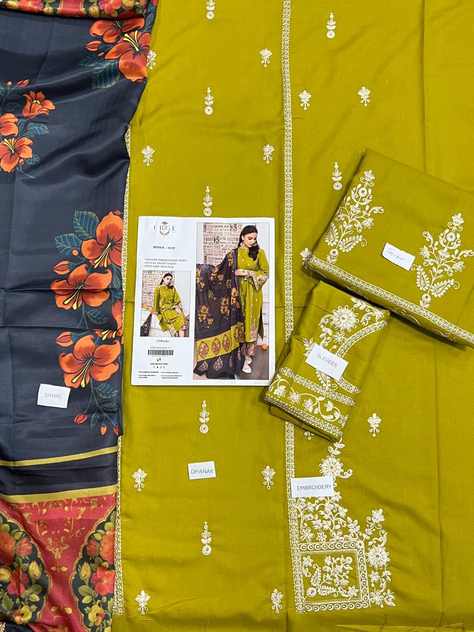 3 Piece - Dhanak Embroidered Suit With Printed Shawl GW-0022