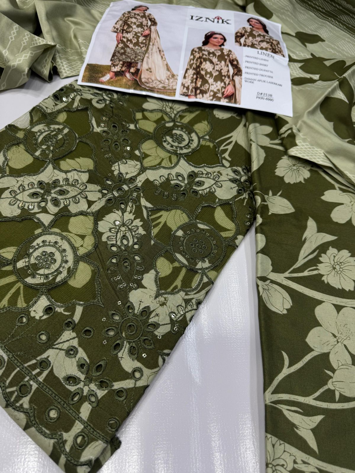 IZNIK DAMAN APLIC WORK PRINTED-EMBROIDERED LINEN UNSTICHED 3PC - D253B