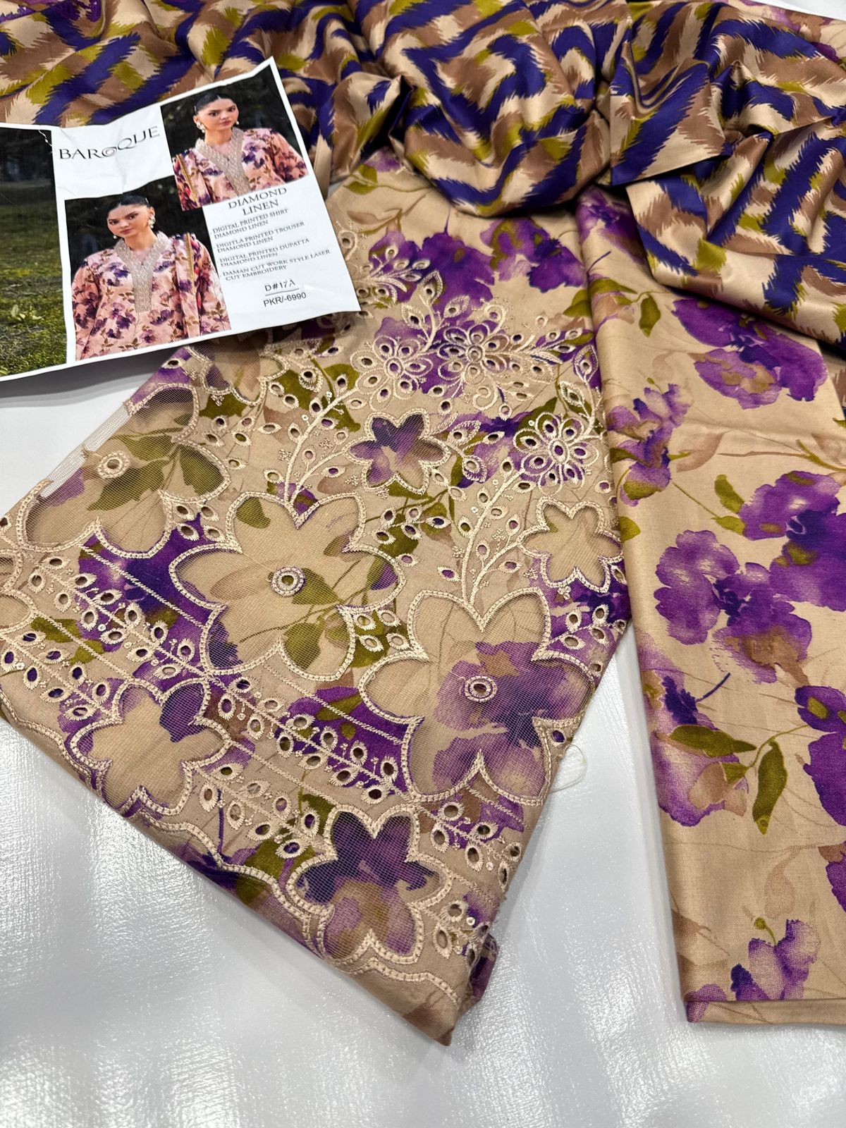 BAROQUE DAMAN APLIC WORK PRINTED-EMBROIDERED LINEN UNSTICHED 3PC - D17
