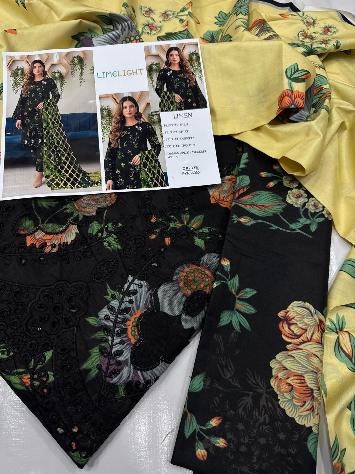 LIMELIGHT DAMAN APLIC WORK PRINTED-EMBROIDERED LINEN UNSTICHED 3PC - D233